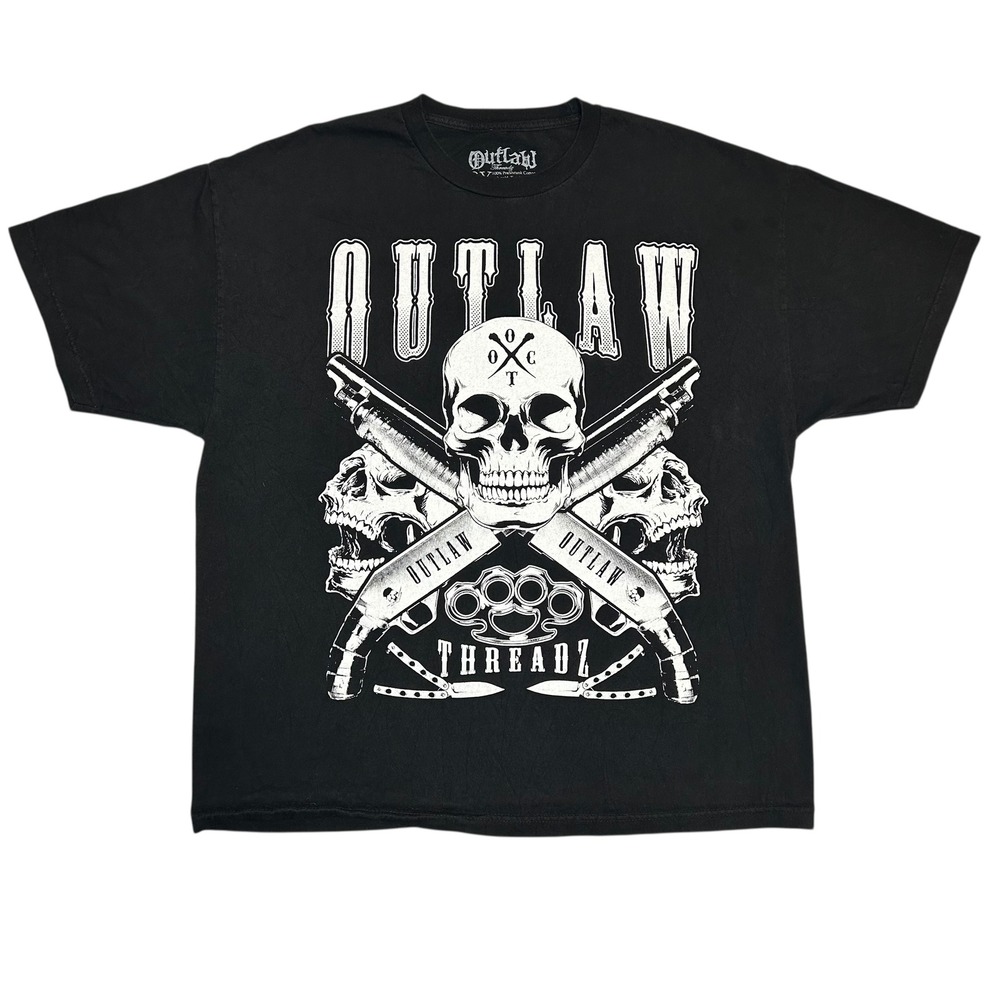 Outlaw Threadz Skull Shotgun Brass Knuckles Graphic T Shirt Men's 2X Black‎